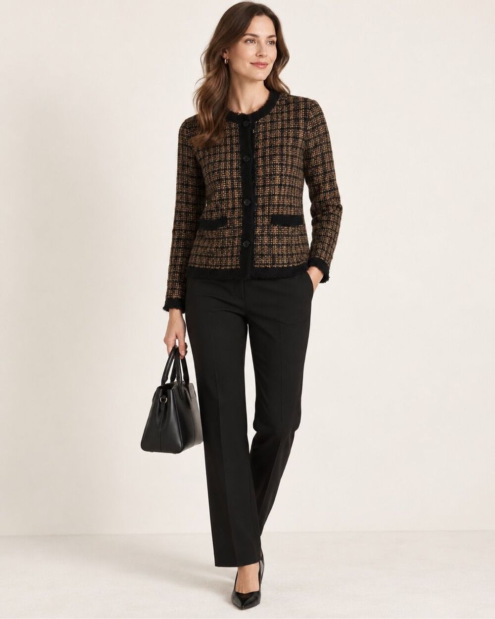 J McLaughlin Parisian Tweed Metallic Fringe Cardigan Jacket Black Gold M